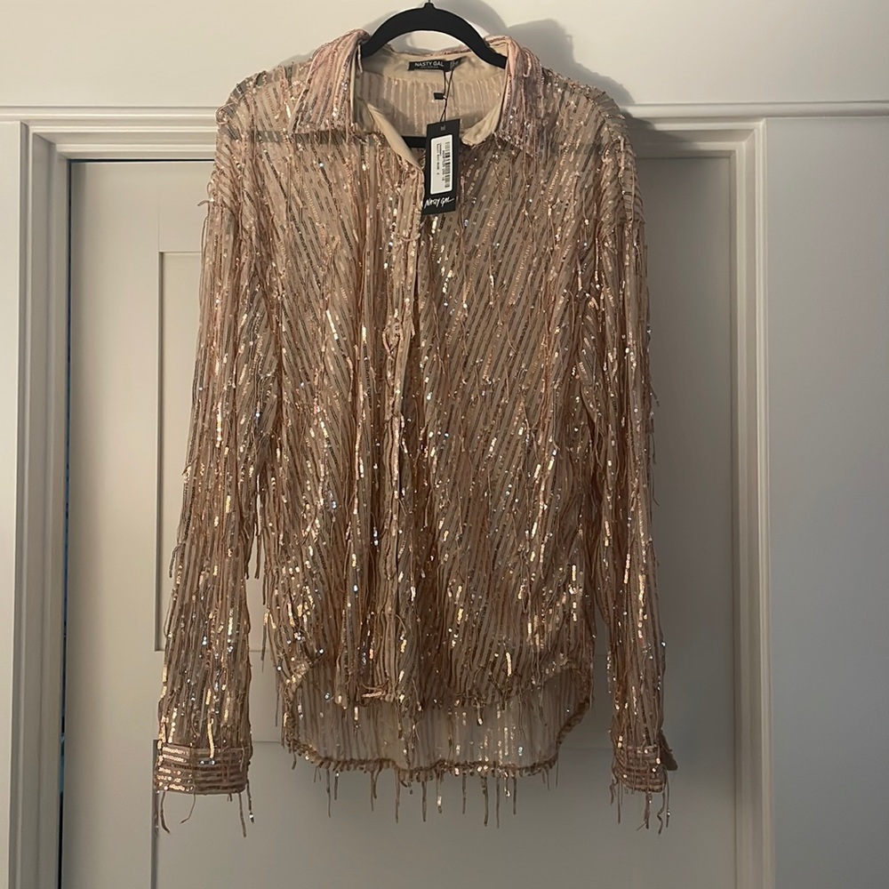 Nasty Gal Gold Sequin Button Down Shirt